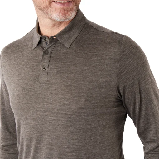 Men'S Merino Cool Long Sleeve Polo Dark Olive Brown Marl